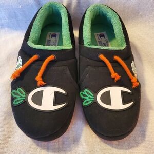 Champion Mens Black Slippers with Green and Orange Accents
